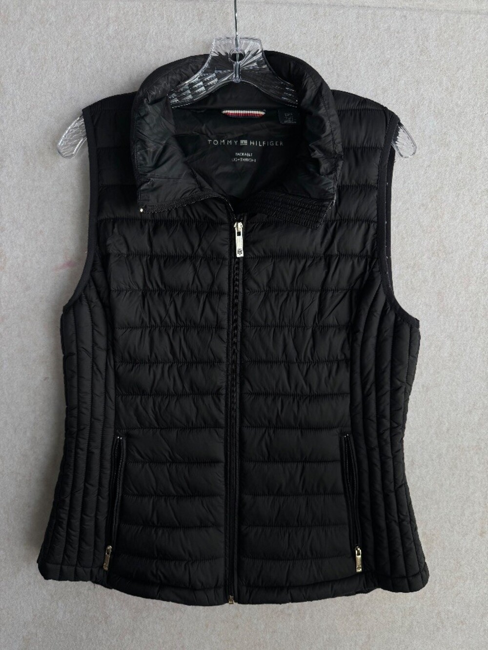 Tommy Hilfiger Womens M Black Packable Lightweight Puffer Vest Quilted Zip